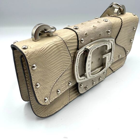 Vintage Y2K GUESS G Beige Shoulder Bag Purse Croc Embossed Bling G Purse Zebra - Picture 3 of 5